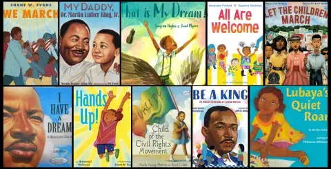 Collage of picture books celebrating the inspiration of Martin Luther King, Jr.