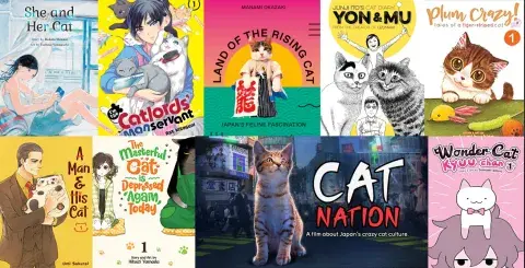 Collage of books and a film about cat manga in Japan