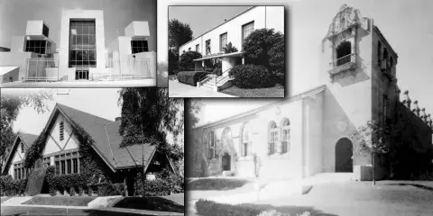 Clockwise from top left, Frances Howard Goldwyn Hollywood Regional Branch Library at 1623 Ivar Avenue (1986-present): Hollywood Branch Library at 1623 Ivar Avenue (1940-1982); Hollywood Branch Library at 6357 Hollywood Boulevard (1923-1939); Hollywood Branch Library at 6357 Hollywood Boulevard (1907-1922). Los Angeles Public Library Institutional Collection