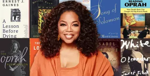 Oprah and background collage of selected books from her book club