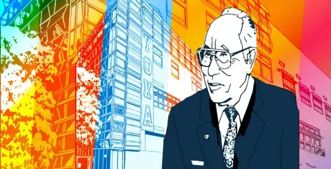 Colorful illustration of Young Oak Kim and a Los Angeles school named after him