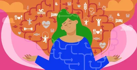 Illustration of person with eyes close and hands out in a connected mind and body posture