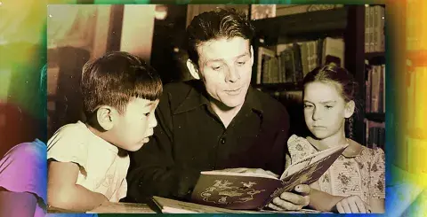Colorize photo of author and illustrator Leo Politi reading to children in the Children’s Literature Department