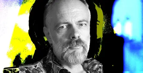 Photo of author Philip K Dick against a surreal background