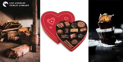 graphic of chocolates in a heart box, raw chocolate and stacked chocolate candies in wrappers