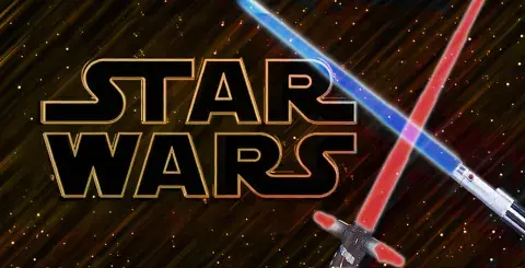 Star Wars logo type and blue and red lightsabers