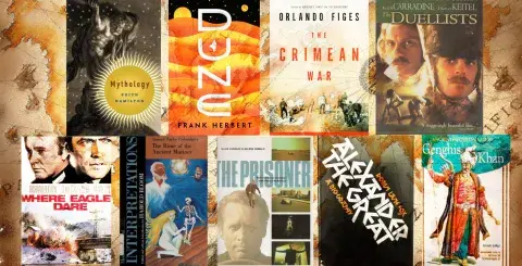 Collage of books and films on history, mythology, and films