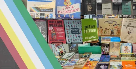 National Disability Pride flag colors and collage of books on disabilities