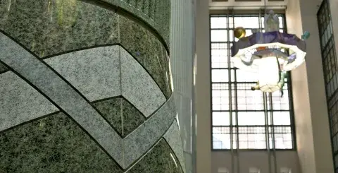 Central Library Atrium. Detail of the chevron design motif at the base of a column.