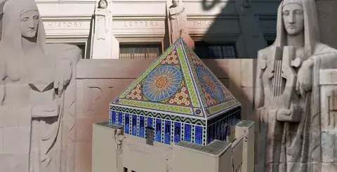 Collage of Central building and sculptures