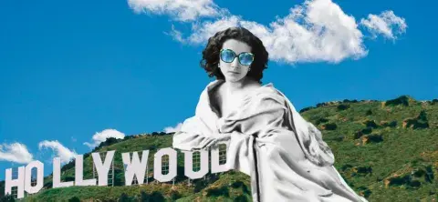 Sarah Bernhardt larger than life merged with a phto of the hollywood sign