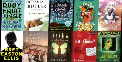 Collage of books that made LAPL staff represented as LGBTQ+ readers