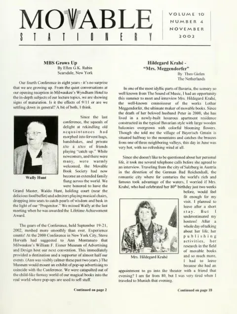 November 2002 issue of The Movable Book Society's Movable Stationary
