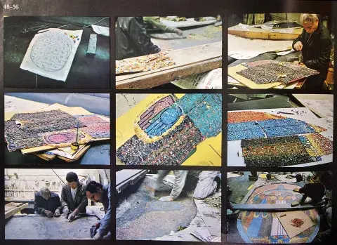 A collage of Bufano in the workshop.