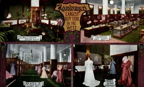 Postcard titled "Hamburger's Largest Dept Store In The West" divided in four sections, showing a department in the store.