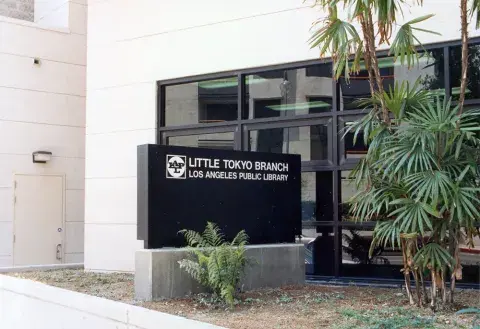 Exterior of the library with the sign "Little Tokyo Branch. Los Angeles Public Library."