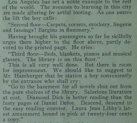 Excerpt from an article with the quote "Go to the basement for all novels shut out from the pure shelves of the library."