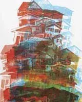 Illustration of homes meant to look as if they are shaking.