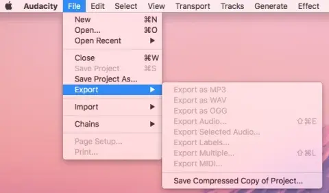 File and export menu in the Audacity software.