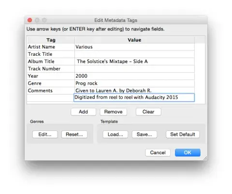 "Edit Metadata Tags" window in Audacity.