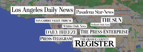 Map of Los Angeles in the background with various newspaper titles from the Southern California News Group.