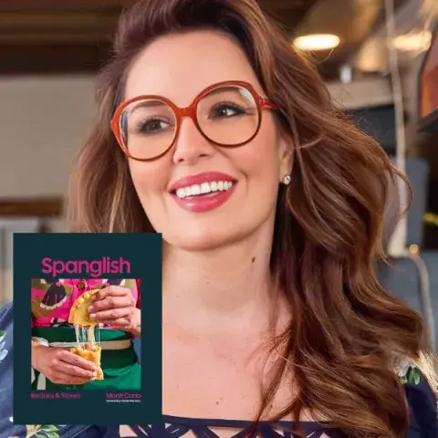 Author Monti Carlo and the cover of her book Spanglish