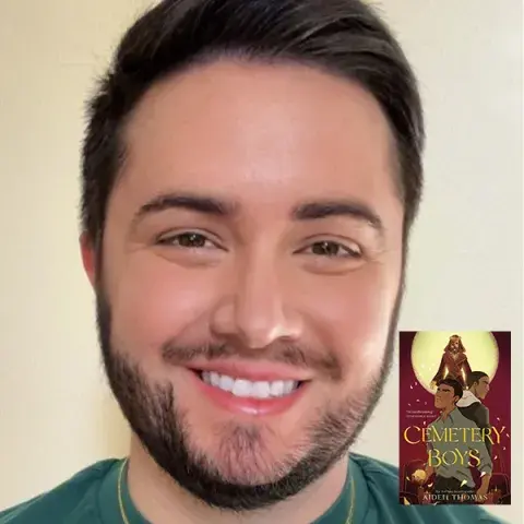 Author Aiden Thomas and the cover of Cemetery Boys.