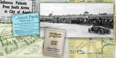 A collage of Ascot Park, including maps, newspaper articles, and a race car driver.