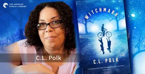 Author C.L. Polk and her book Witchmark.