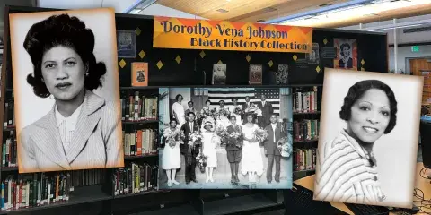 A collage of Dorothy Vena Johnson at the library.
