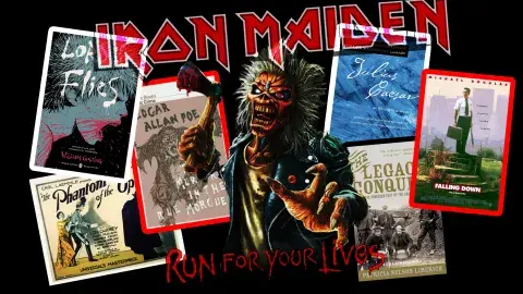 Iron Maiden's World Tour poster, Run For Your Lives, superimposed on selected book covers