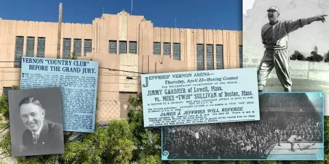 The Vernon Power and Light plant with a collage of newspaper clippings of the Vernon arena.