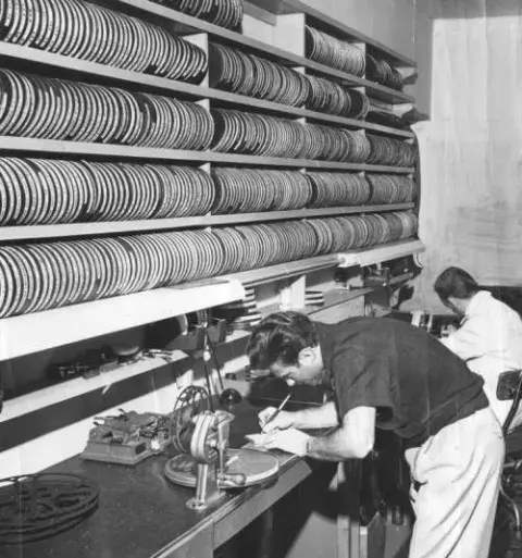 The film editing department at ABC Television Center where reels of commercials are spliced into programs by the station editor