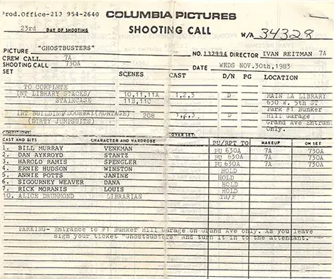 shooting call sheet for ghost busters film