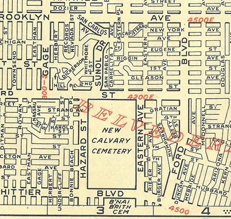 New Calvary-  when Old Calvary became overcrowded many of the graves were moved out to this 137 acre spread at the edge of East Los Angeles in 1896. 
