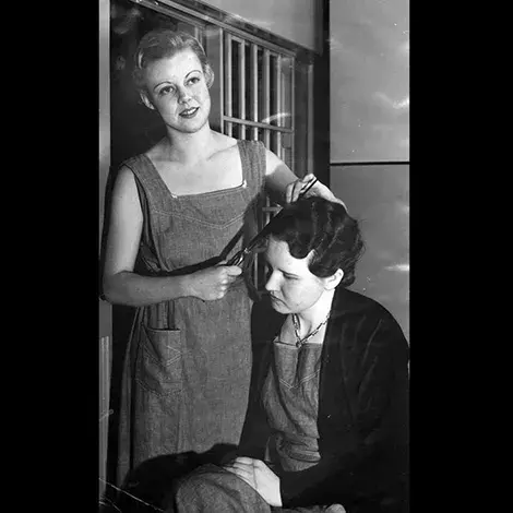 Burmah White and one of her jail companions, Ruth Dollins, in preparation for the latter
