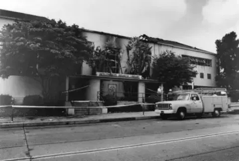 Exterior of the Hollywood Branch Library at 1623 Ivar following the April 13, 1982 arson fire
