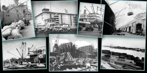 Longshoremen and cargo at Los Angeles Harbor