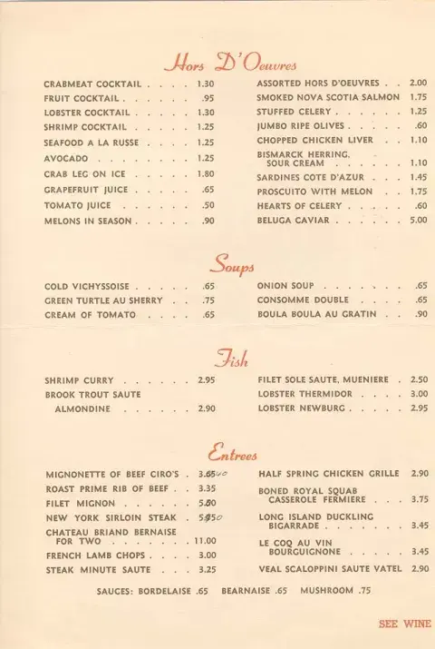 Ciro’s menu page