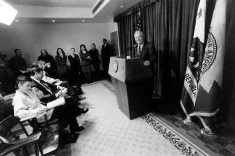 Mayor Riordan addresses news conference