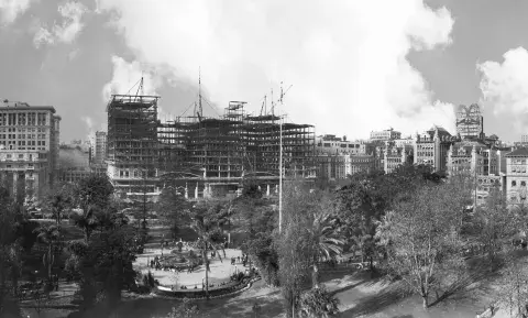 Looking towards the Biltmore during construction with Pershing Square in the foreground