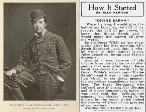 (left) Oscar Wilde ca. 1876.  (right) Article from the Bell Syndicate