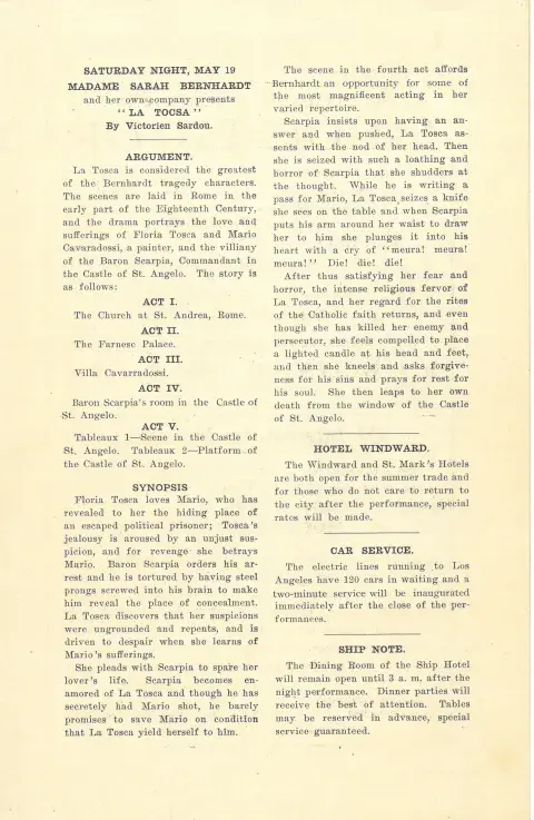 Pages from the original Venice Auditorium program for La Tosca