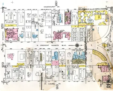 Detail map image of Sunset Boulevard and Crescent Heights showing location
of Pandora