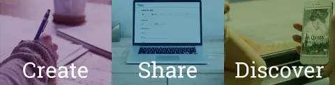 Photos of a person writing on a table, a computer on a table, and a person looking at a phone by a window with the words Create, Share, Discover overlaid