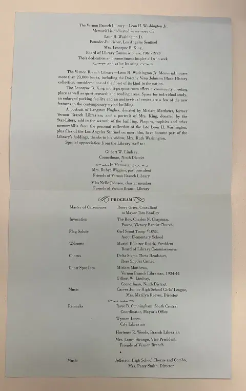Program for Vernon Dedication Ceremony 1976