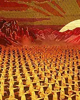 altered photo of a large group of North Korean dancers
