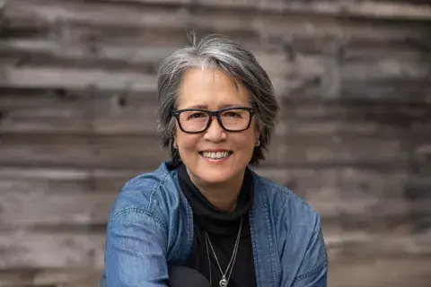 Ruth Ozeki in a blue shirt