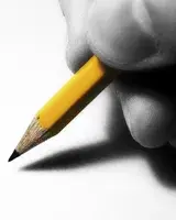 black and white fingers holding a yellow pencil