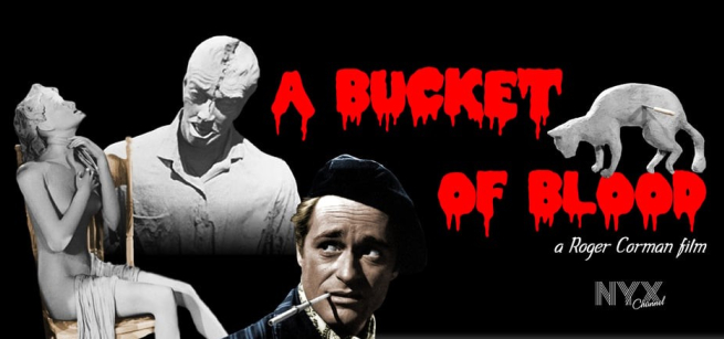 An artist and creepy images including the words "A Bucket of Blood" in red dripping blood-like letters